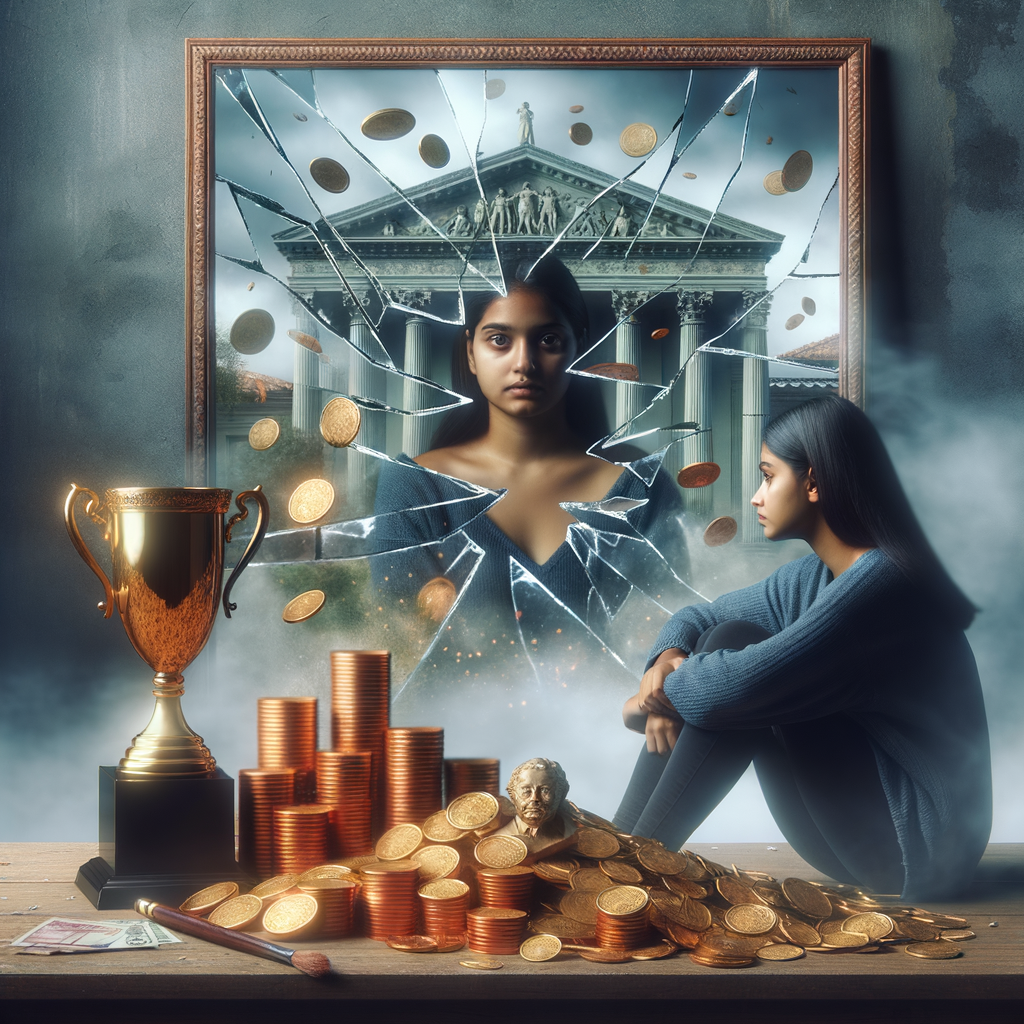 A person sitting in front of a broken mirror showing faded visions of dreams like money, success, and a mansion fading away