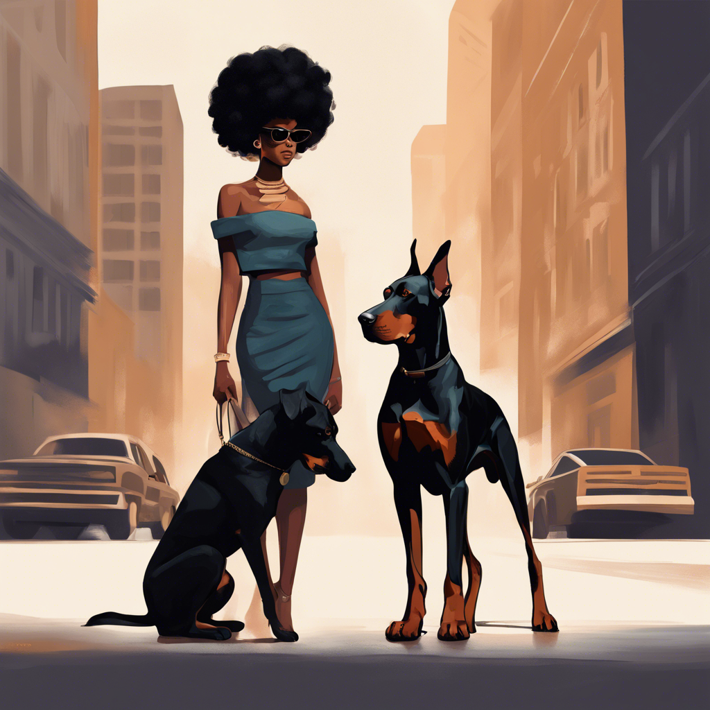 Black girl with a fro and a Doberman