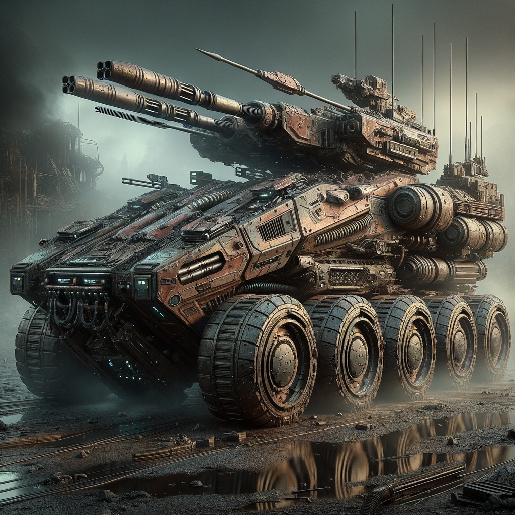 "A futuristic, tank-like combat vehicle designed for close-range destruction. The body is rusted bronze with asymmetrical armored plating and exposed core tubing. Its front section features a reinforced slam ram with shock coil veins running through it. Rear-mounted launcher pods and treaded siege wheels give it a brutal, heavy-duty appearance. Glowing war sigils faintly pulse on its surface. The faceplate resembles a broken knight’s helm, and it has a subtle humanoid transformation capability. The atmosphere is gritty and war-torn, with smoke and ruins in the background."