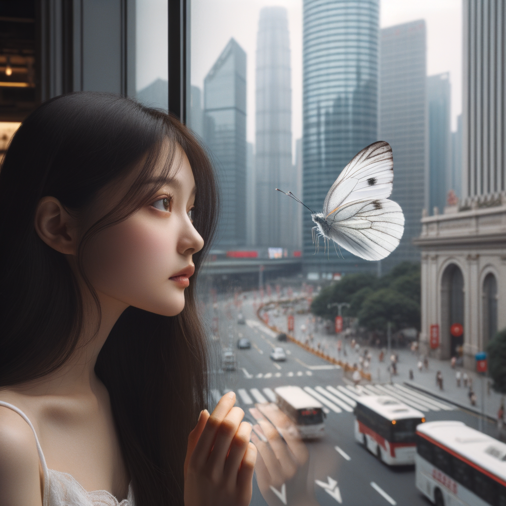 A one white butterfly flying near a glass window. A city showing outside of the window . A young woman is beside the window and she lovingly looking at it. Her face is cover with her dark brown straight  hair