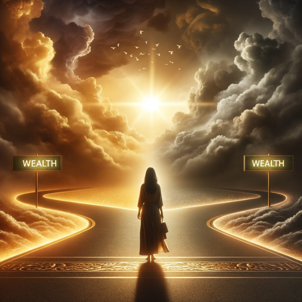 A person standing at a crossroads, one path labeled “Wealth” glowing brightly, the other path dark and uncertain. Sunlight breaking through clouds symbolizing hope.