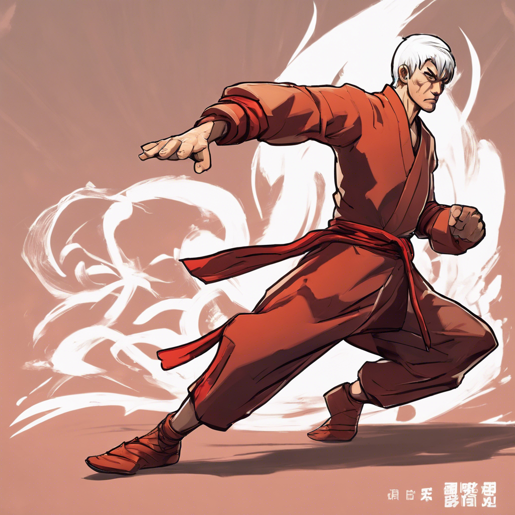 With a not so realistic 3d video game style, something more cartoonish, it generates a tall boy (man) with a pointed chin face, in a kung fu combat pose raising one leg as if it were a kick, with white hair with bangs up and sideburns, eyes shaded in red and also outlined, dressed in a brown tunic with white sleeves, white shirts with red details, a scarf with fire colors (yellow, orange, red), green pants and gray shoes, with two fire-colored dragons (mentioned above) with green eyes