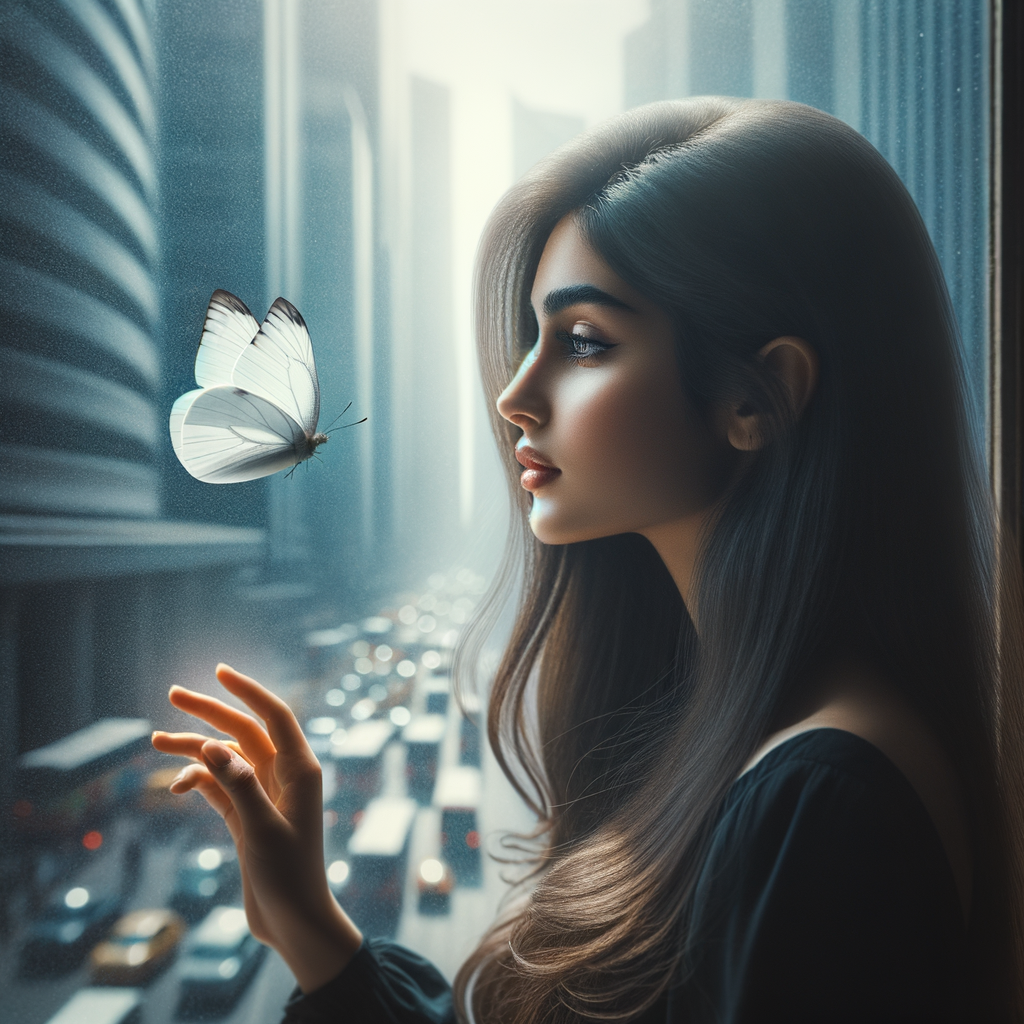 A one white butterfly flying near a glass window. A city showing outside of the window . A young woman is beside the window and she lovingly looking at it. Her face is cover with her dark brown straight  hair