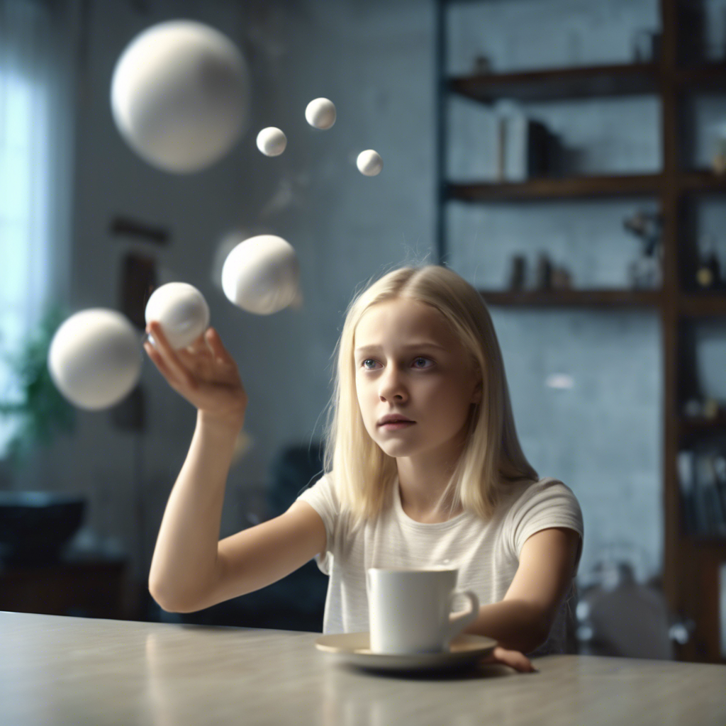 a beautiful 12 year old blonde girl using telekinesis floats a white cup in the air at home cinematic realistic science fiction