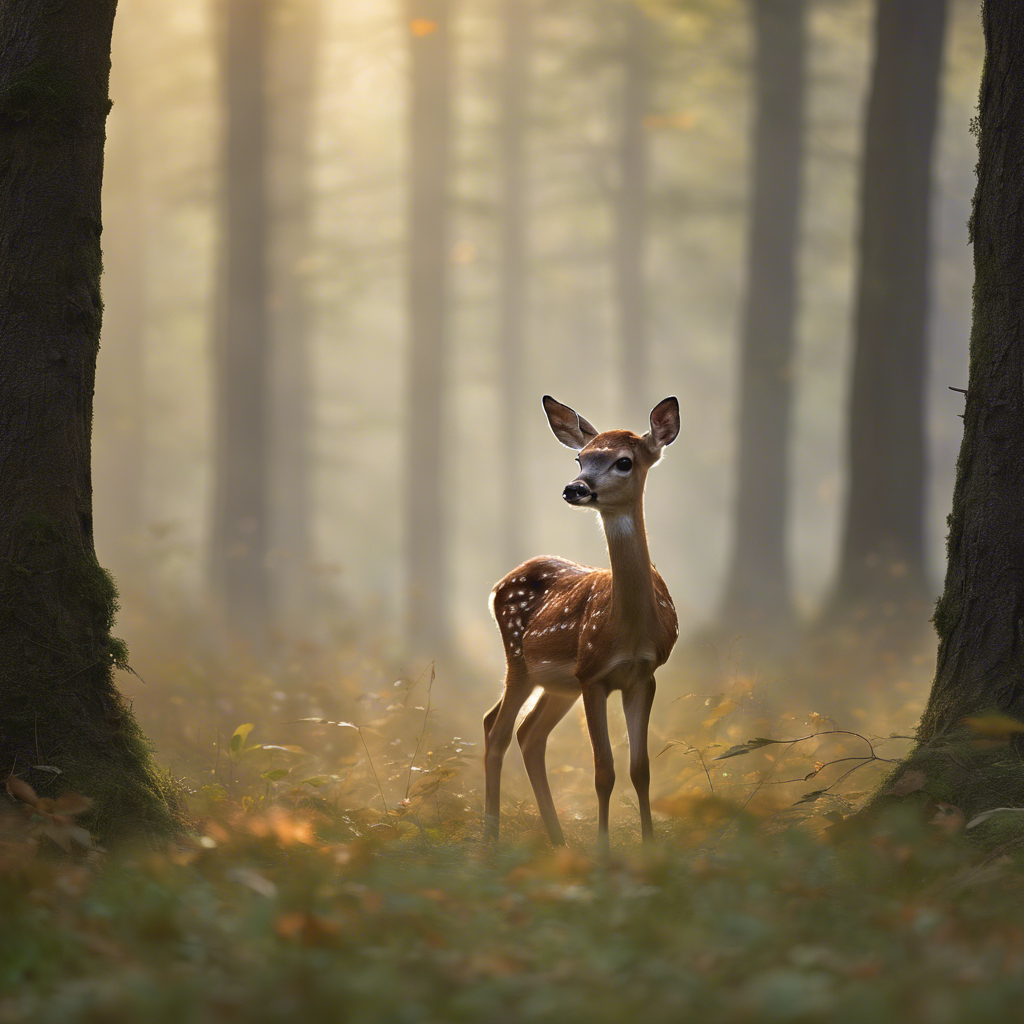 Healing in Nature: "A tranquil forest clearing, shrouded in early morning mist, sets the stage for a poignant scene. A fawn, newly liberated from a snare, slowly approaches a rescuer who offers a healing touch and a handful of leaves. The soft-focus background enhances the ethereal quality of the encounter, emphasizing the healing power of nature and kindness."