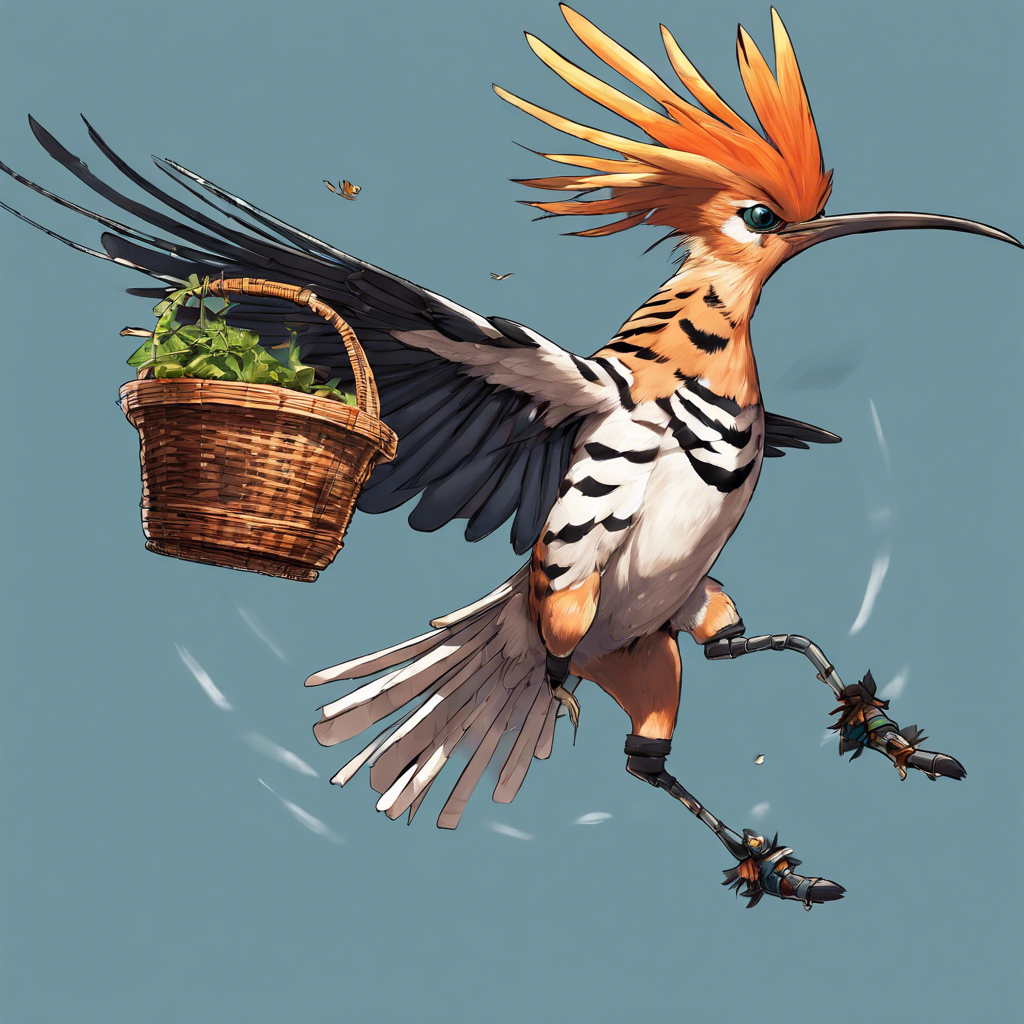 A hoopoe is flying and carrying a basket of household items on its leg.