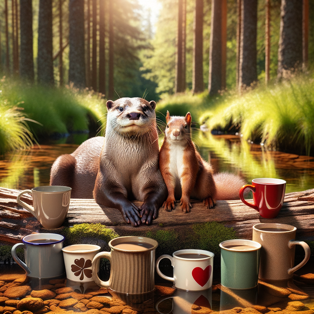 Ein Otter und ein rotes Eichhörnchen sitzen dicht nebeneinander auf einem großen Baumstamm am Rand eines klaren Bachs in einer sonnigen Waldlichtung. Um sie herum stehen mehrere Kaffeetassen auf dem Baumstamm und im Gras – einige schlicht, andere mit Herz- oder Kleeblatt-Motiven. Die Tiere wirken entspannt und freundlich, als würden sie gemeinsam eine Pause genießen. Sanftes Sonnenlicht fällt durch die Bäume, weiche Spiegelungen auf der Wasseroberfläche, realistische Licht- und Schattenspiele, naturgetreue Farben, hochauflösend, feinste Fell-Details, sanfte Tiefenschärfe – wie eine echte Tierfotografie mit humorvollem Twist.