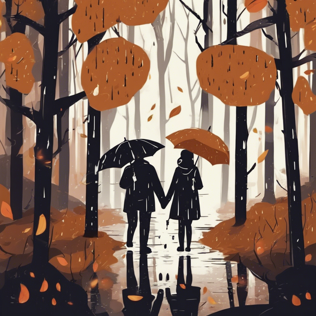 Create a gloomy autumn forest with a light rain and two lovers.