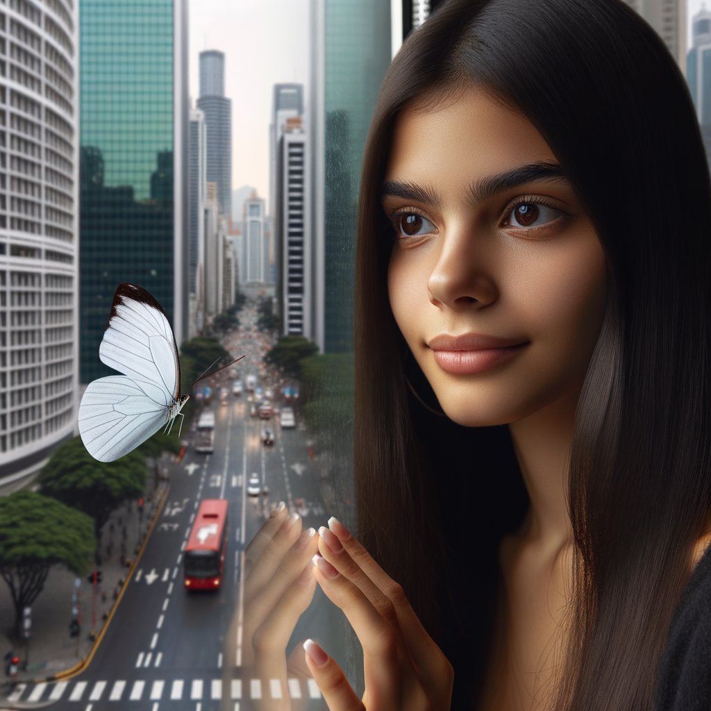 A one white butterfly flying near a glass window. A city showing outside of the window . A young woman is beside the window and she lovingly looking at it. Her face is cover with her dark brown straight  hair