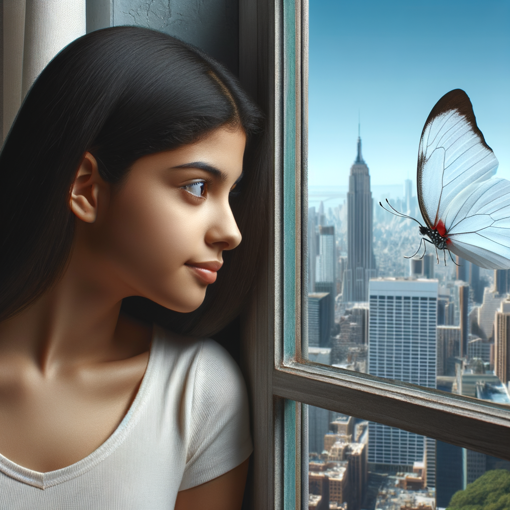 A one white butterfly flying near a glass window. A city showing outside of the window . A young woman is beside the window and she lovingly looking at it. Her face is cover with her dark brown straight  hair