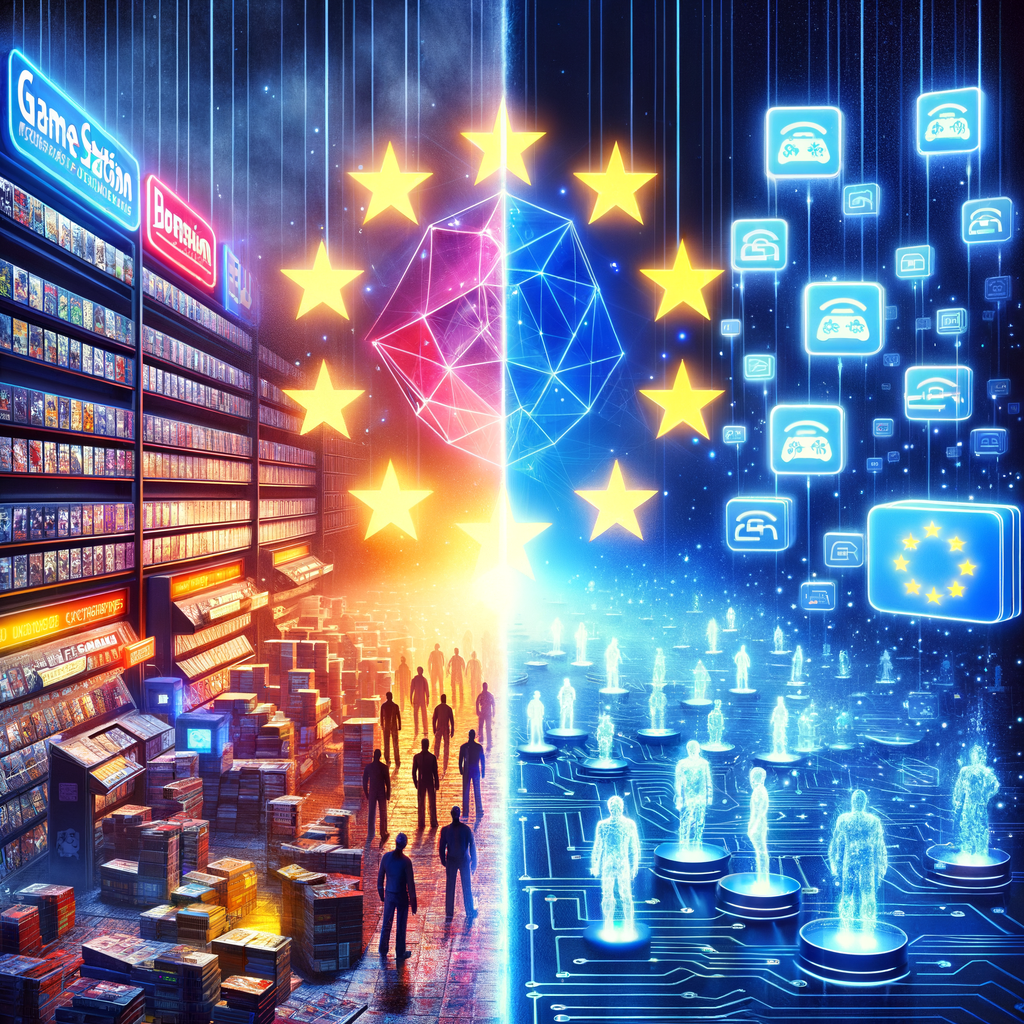 Generate a professional image, that represents the following: Digitalization and the advancement of ICT have transformed the video game market, shifting from physical sales to digital subscription models. Currently, more than 108 million users use platforms such as Xbox Game Pass and PlayStation Plus. The legal relevance of these contracts lies in the need to protect consumers and establish common regulations within the European Union.