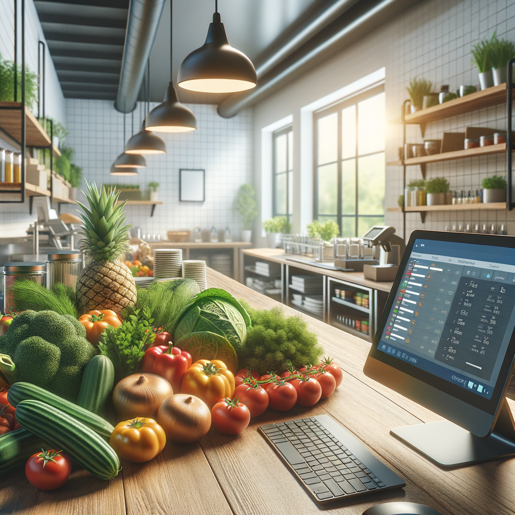 Crie uma imagem fotorrealista de um pequeno restaurante ou lanchonete organizado e acolhedor.   Em primeiro plano deve haver um balcão moderno com um computador visível.   Em segundo plano, destaque legumes e verduras frescos, coloridos e vistosos, bem organizados.   Ao fundo, inclua uma janela ampla que deixe entrar luz natural suave, transmitindo um ambiente claro, limpo e iluminado pelo dia.   Toda a cena deve ser nítida, realista e agradável, representando o conceito de: Sistema PDV para restaurante