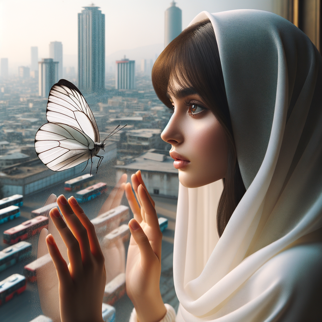 A one white butterfly flying near a glass window. A city showing outside of the window . A young woman is beside the window and she lovingly looking at it. Her face is cover with her dark brown straight  hair