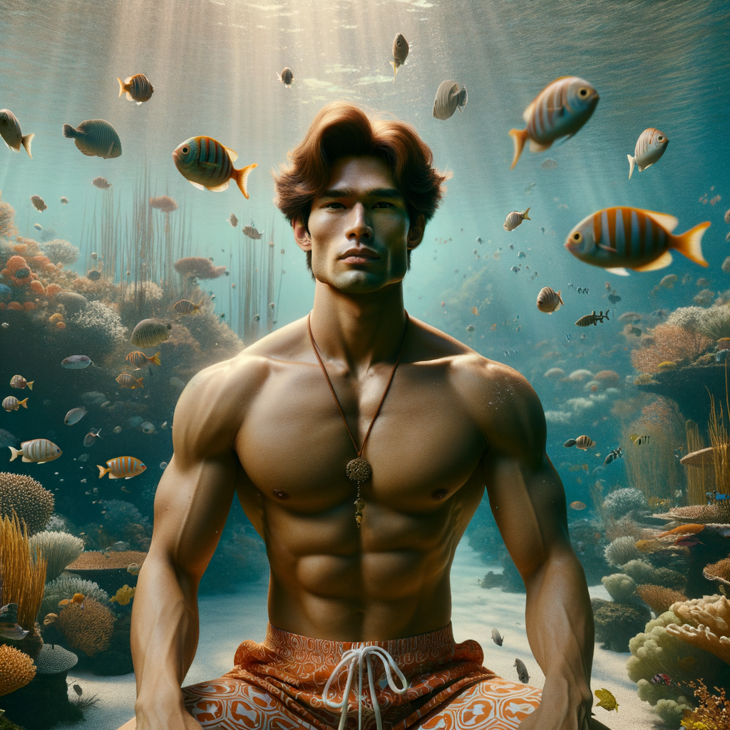 A photo-realistic shoot from a front camera angle about a muscular, shirtless man sitting in an underwater environment surrounded by colorful fish and coral. the image also shows sunlight filtering through the water, creating a serene atmosphere. on the middle of the image, a muscular man, who appears to be in his mid-twenties, with short, wavy brown hair and a serious expression, is sitting with his legs spread apart, wearing only an orange and white patterned swimsuit. he has a slim physique, with a few visible abs, and is looking directly at the camera with a neutral expression. he is wearing a gold necklace around his neck. the background features a vibrant coral reef with small yellow fish swimming around him.