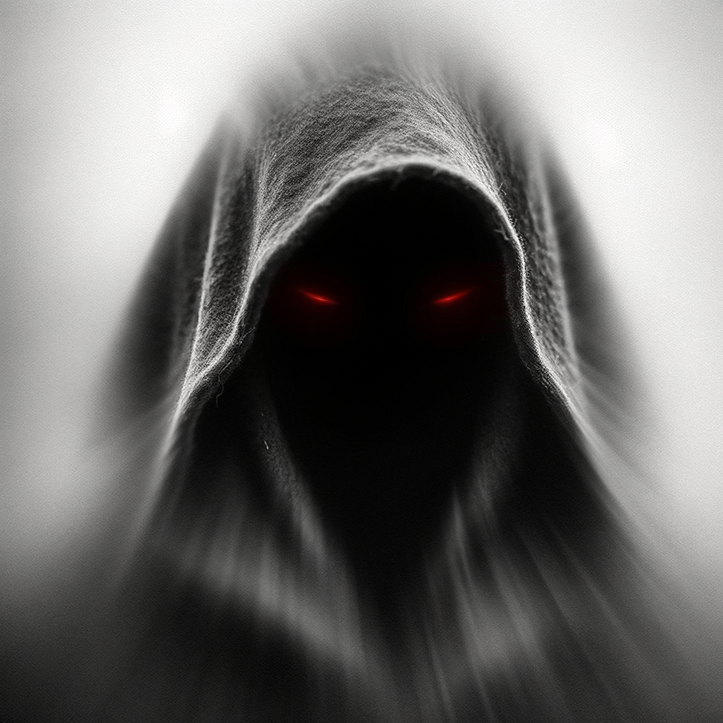 Wygeneruj mi czarnobiały obraz czarnej pustki w kapturze z czerwonymi oczami. LEKKO rozmaż jak na długim naświetlaniu. (zrób jak na profilowym travisa scotta na Spotify)