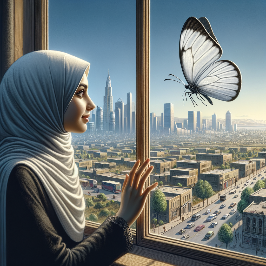 A one white butterfly flying near a glass window. A city showing outside of the window . A young woman is beside the window and she lovingly looking at it. Her face is cover with her dark brown straight  hair