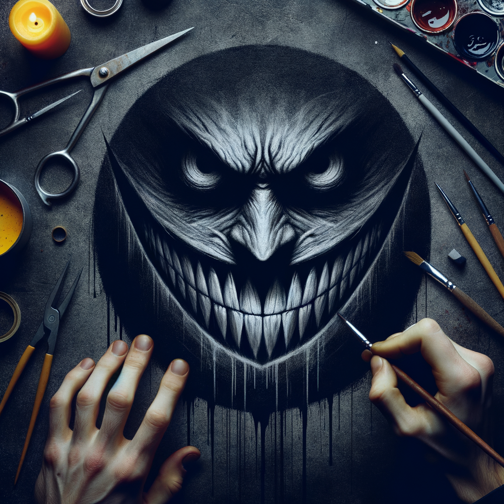 crea una imagen de una sonrisa diabolica con fondo oscuro