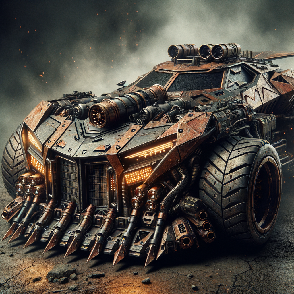 "A futuristic, super car-like combat vehicle designed for close-range destruction. The body is rusted bronze with asymmetrical armored plating and exposed core tubing. Its front section features a reinforced slam ram with shock coil veins running through it. Rear-mounted launcher pods and treaded siege wheels give it a brutal, heavy-duty appearance. Glowing war sigils faintly pulse on its surface. The faceplate resembles a broken knight’s helm, and it has a subtle humanoid transformation capability. The atmosphere is gritty and war-torn, with smoke and ruins in the background."
