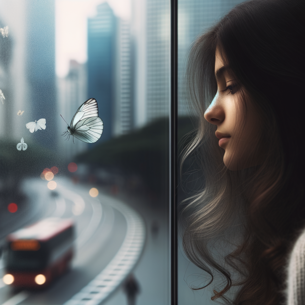 A one white butterfly flying near a glass window. A city showing outside of the window . A young woman is beside the window and she lovingly looking at it. Her face is cover with her dark brown hair