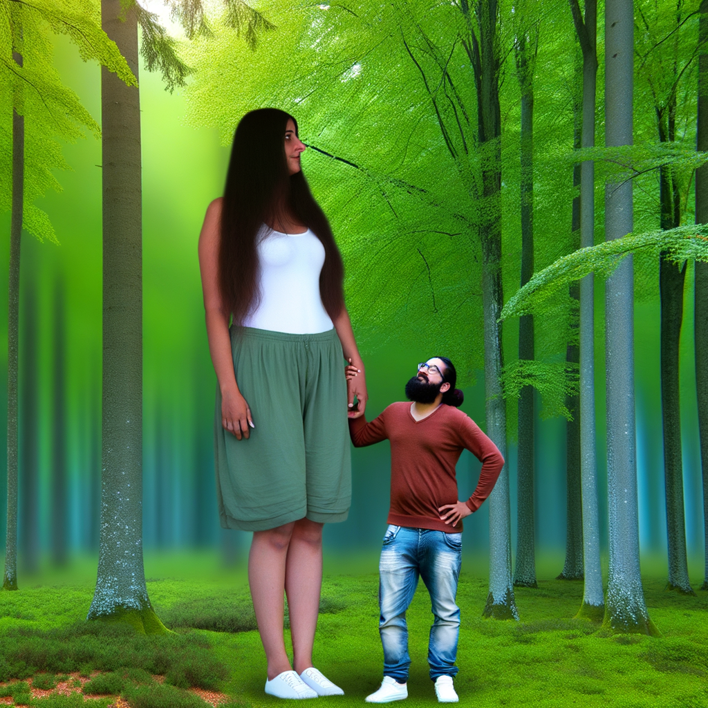 ein bild von einer 10 meter großen frau und einem 1 meter großem mann auf ihrer schulter im wald
