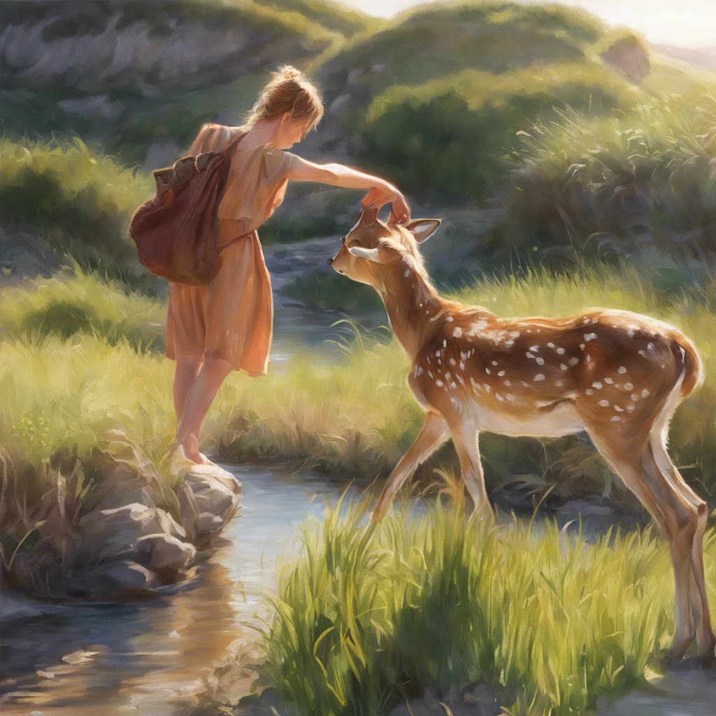 Light of Trust: "In the cool embrace of an early morning mist, a fawn bathed in soft light cautiously approaches a rescuer. The rescuer's hand, filled with greenery, is extended in friendship and aid. The background is a dreamy landscape of light and shadows, symbolizing the fragile light of trust forming between them."