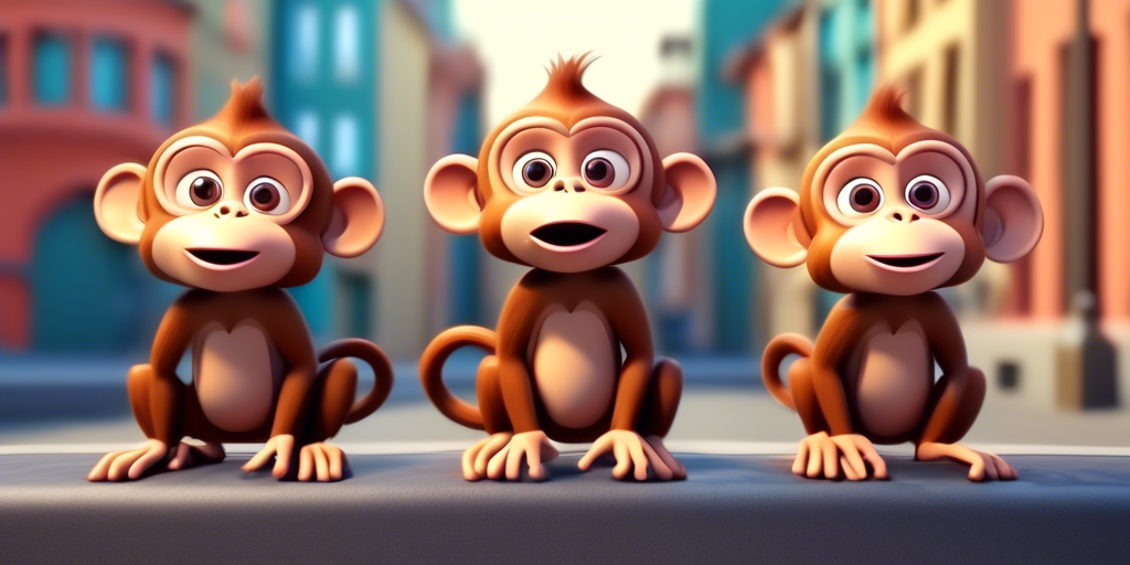 three cute surprised monkeys in a large city, 3d  cartoon style