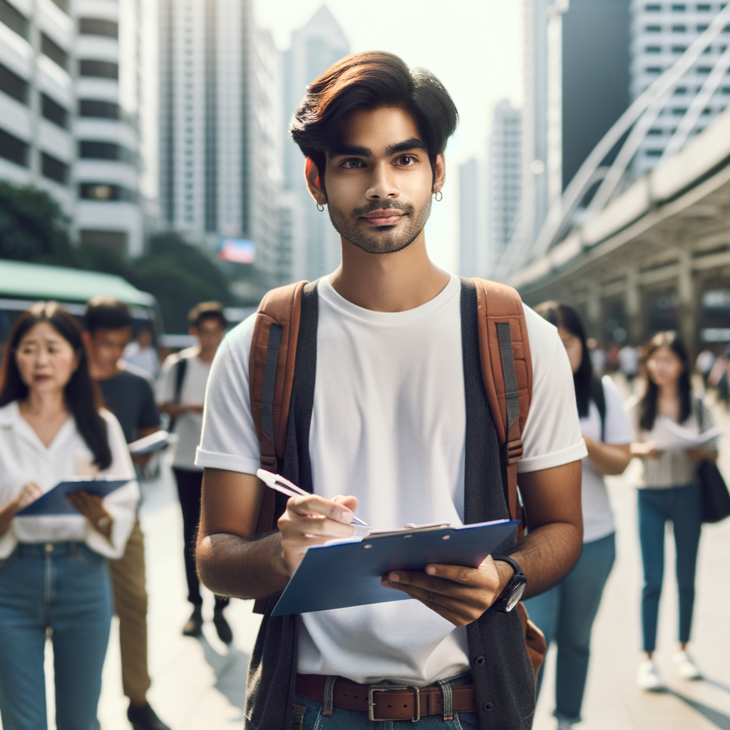 a male student who conduct research and doing survey
