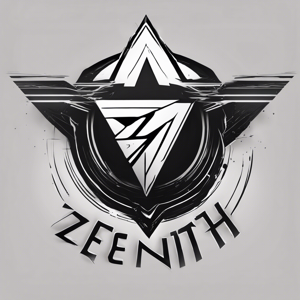 reate an illustrative vector logo with the name "ZENITH" using abstract fonts, the name should be white with a triangle slogan in the background, the background should be black, and there should be no shading in the image.