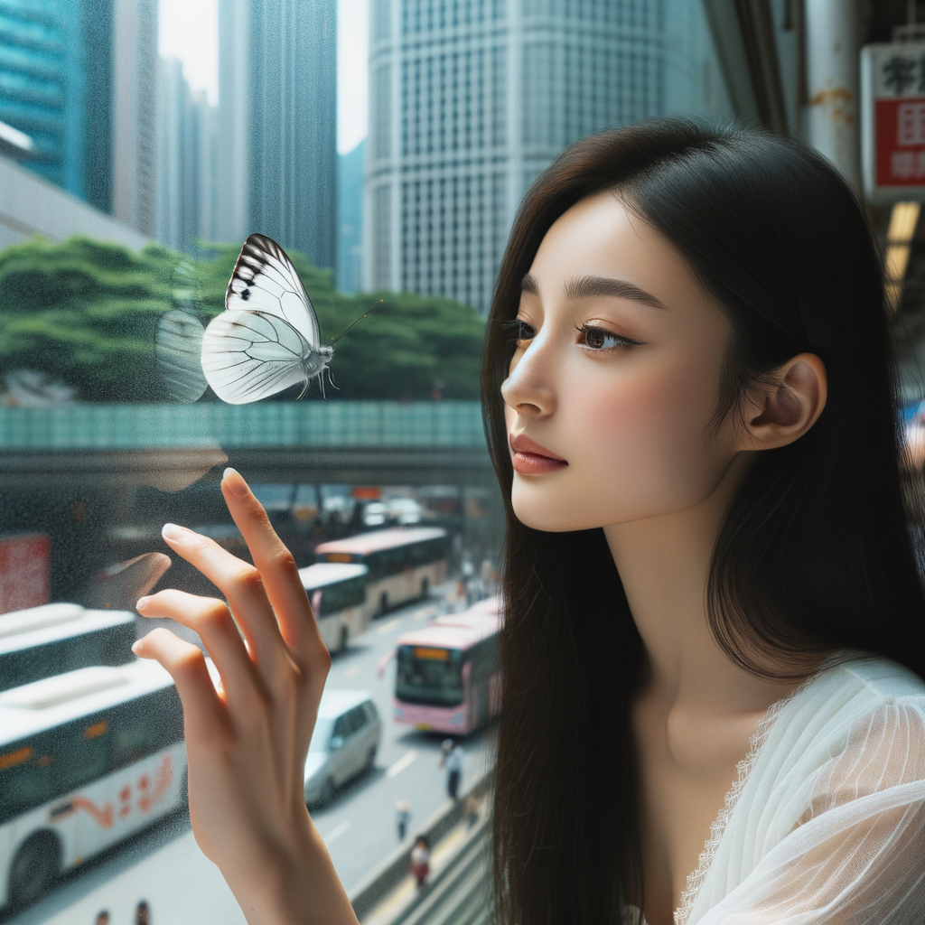 A one white butterfly flying near a glass window. A city showing outside of the window . A young woman is beside the window and she lovingly looking at it. Her face is cover with her dark brown straight  hair