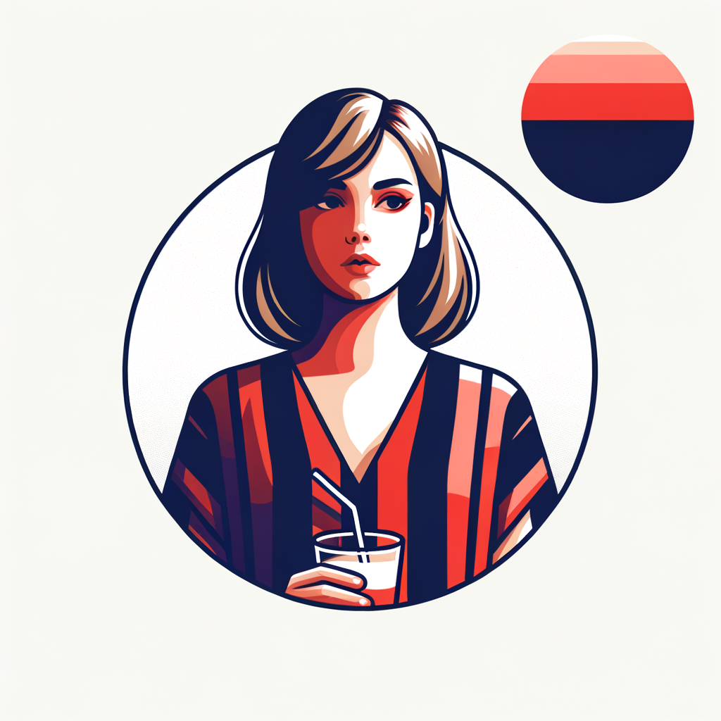 Create beautiful 2D circular print design for t-shirts. The drawing [a girl in a striped blouse holding a drink], [front], [soft light], [red navy blue], the background is white. Art on t-shirts. 2D vector art."