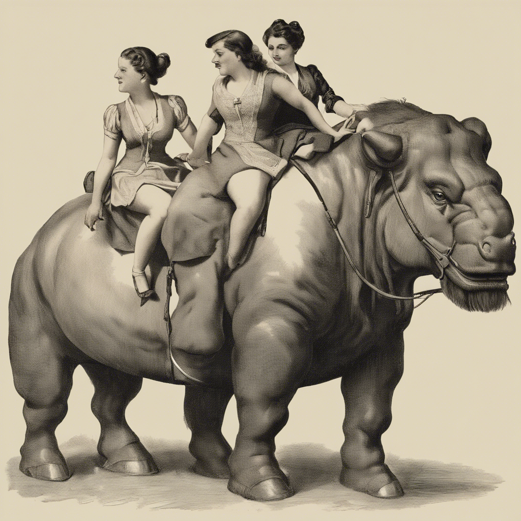 Two women riding large man