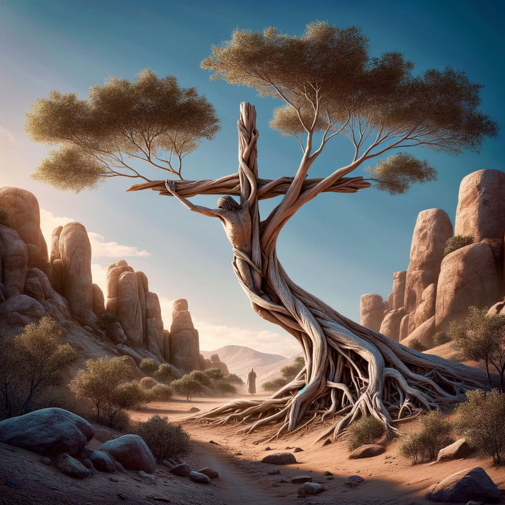 realistic desert landscape where trees and rocks naturally form the illusion of Jesus Christ on the cross. From afar, the branches and trunk resemble His outstretched arms, while the rocky base shapes the cross. The scene should feel like a hidden message in nature, not painted. Clear blue sky, cinematic lighting, hyper-realistic photography style.