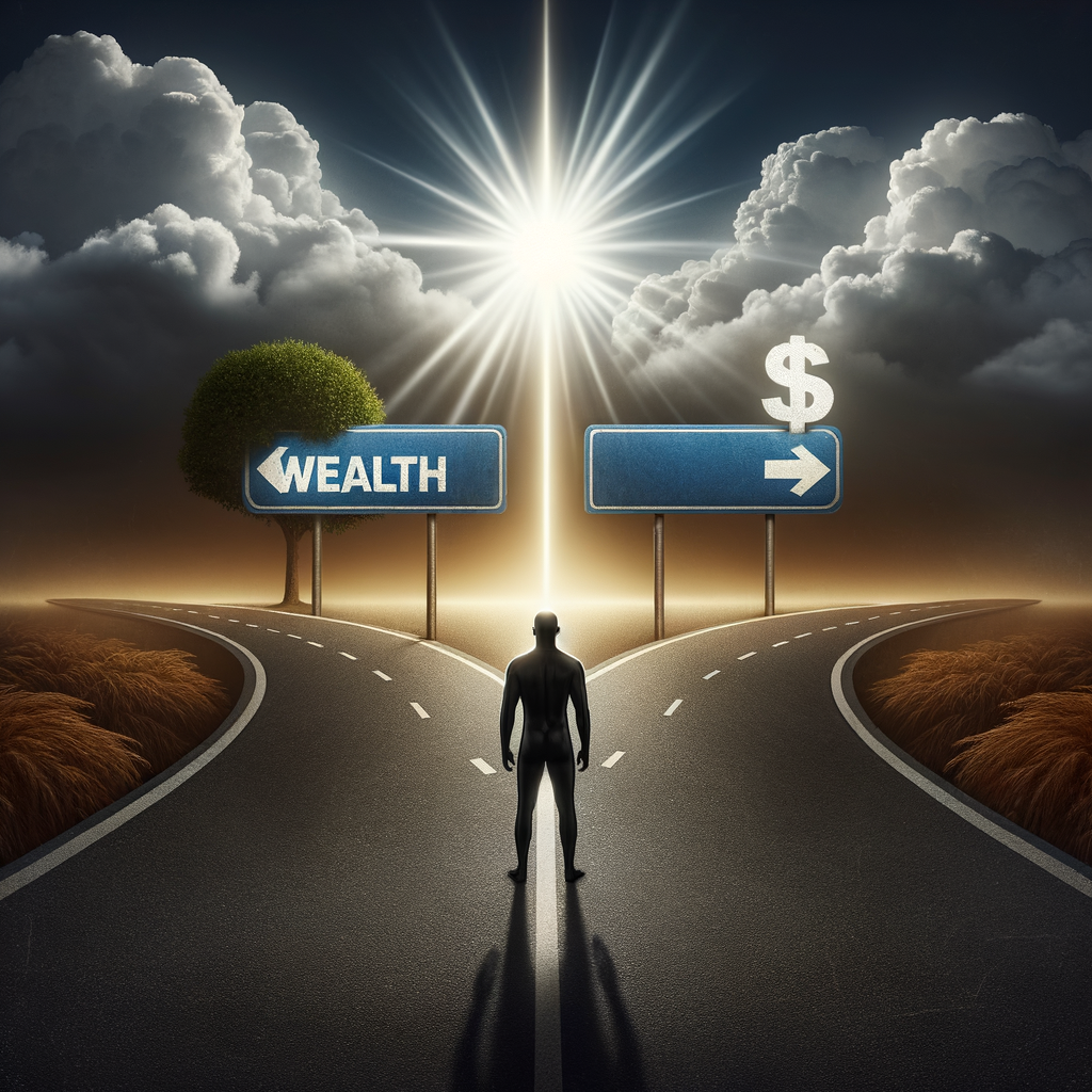A person standing at a crossroads, one path labeled “Wealth” glowing brightly, the other path dark and uncertain. Sunlight breaking through clouds symbolizing hope.