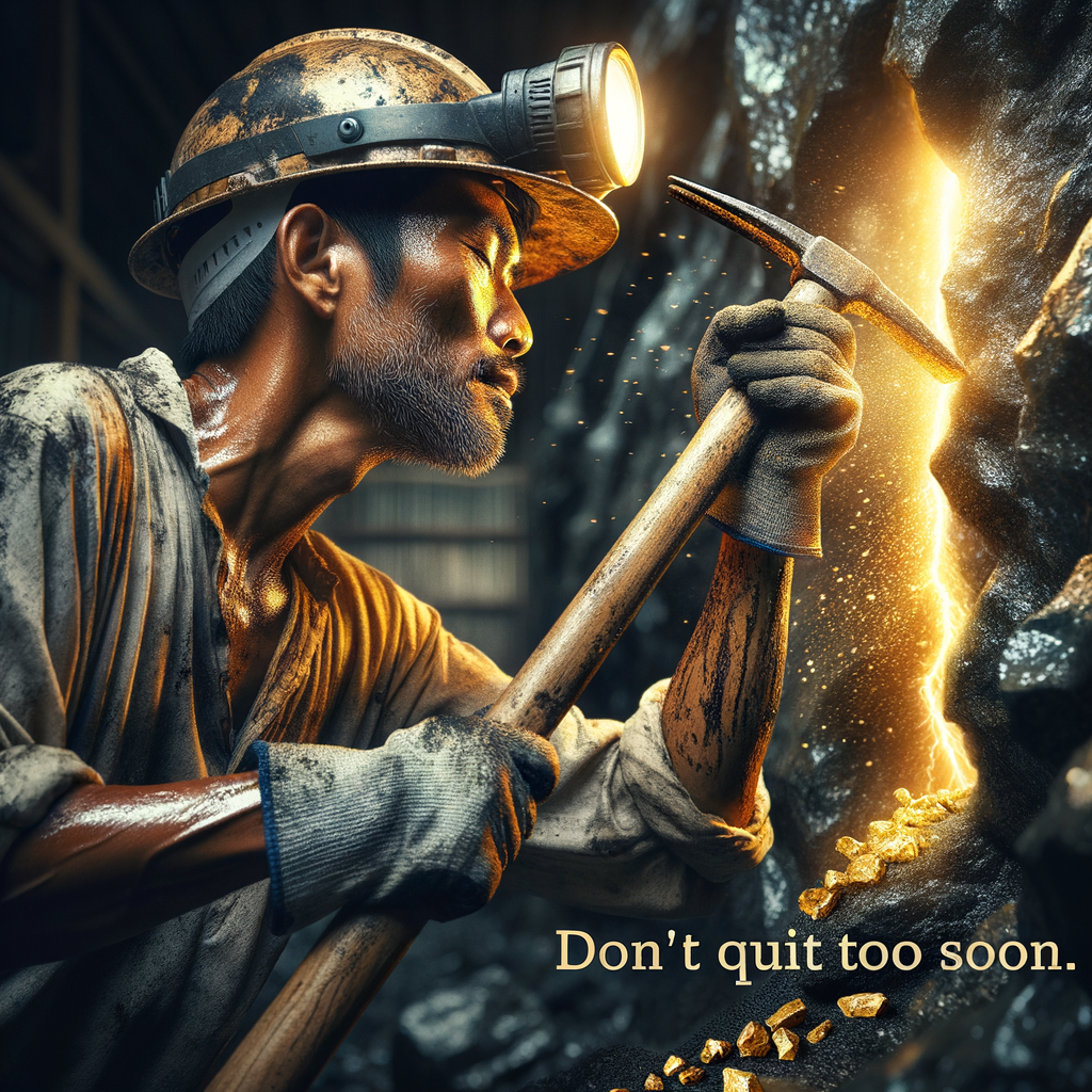 A miner turning away inches before striking gold, with glowing gold just behind a thin wall of rock. Text overlay: “Don’t Quit Too Soon.”