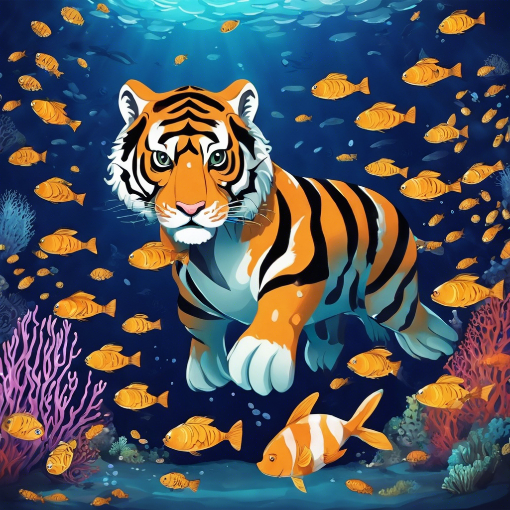 Tiger living inside the deep sea with school of fish