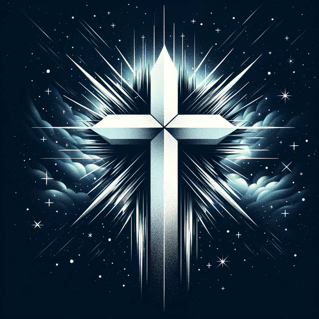 has una cruz blanca con puntas puntiagudas y fondo estrellado oscuro