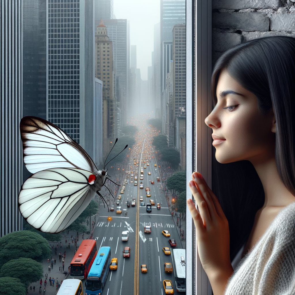 A one white butterfly flying near a glass window. A city showing outside of the window . A young woman is beside the window and she lovingly looking at it. Her face is cover with her dark brown straight  hair