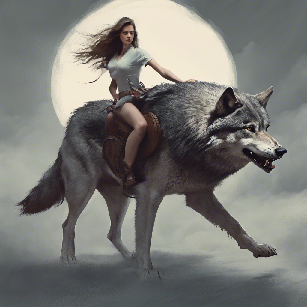 woman riding large  wolf