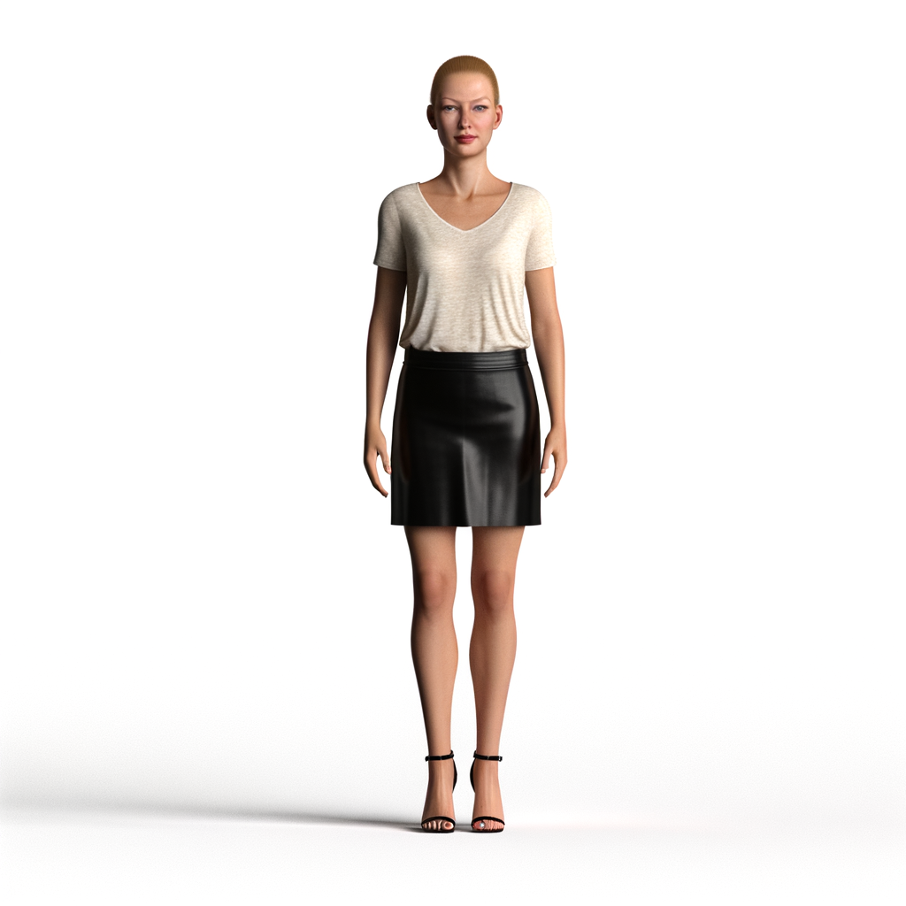 beautiful 30-years old caucasian woman, in mini skirt and t-shirt, high heels, in her room, face to me, full body view, fotorealistic portrait