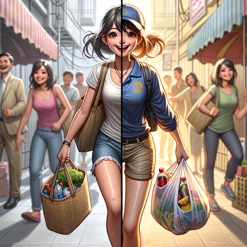 A clean split image – one side shows a girl wearing a knee lenght jean trousers a polo and a face cap entering Balogun Market, and the other side shows the SAME girl sweaty and drained with bags in both hands, putting on the same clothes.