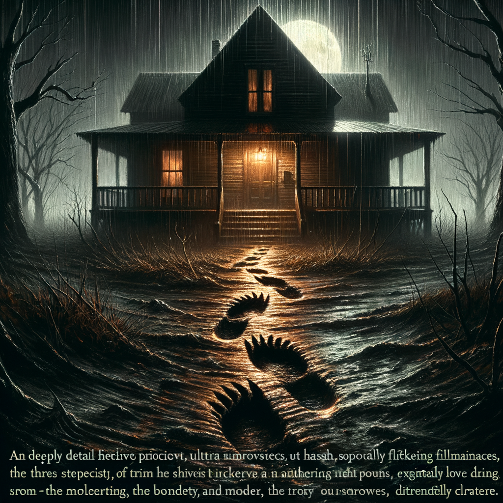 A highly detailed, ultra-realistic horror photography scene.  Subject: The back porch of a small, isolated house in a rural area of Enfield, Illinois, at night. Atmosphere: Dark, ominous, and unsettling. A sense of quiet dread permeates the scene. Lighting: A single, harsh, flickering porch light illuminates the immediate area. Shadows are long and deep. Key Elements: On the muddy, wet ground directly in front of the porch, there are fresh, distinct, deep three-toed footprints. These tracks clearly lead from the edge of dense, dark woods (visible in the background) towards the back door of the house. Detail: Focus on the texture of the mud, the reflections in the wet ground, and the ominous silhouette of the trees. Style: Cinematic, grimdark, 1970s documentary horror photography. Composition: Wide shot, focusing on the porch, tracks, and the dark surroundings. Aspect Ratio: 16:9