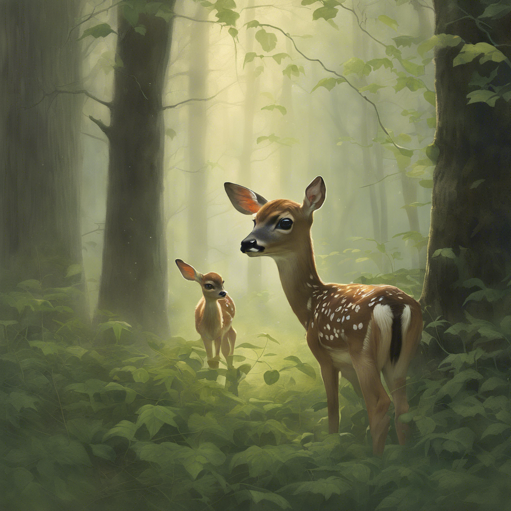 Moment of Trust: "In the quiet of an early mist-covered forest, a fawn with large, expressive eyes cautiously approaches a rescuer. The human, aware of the fragile trust being formed, holds out a bunch of green leaves. Light streams through the tree branches, spotlighting the duo in a serene, almost sacred tableau of interspecies understanding."