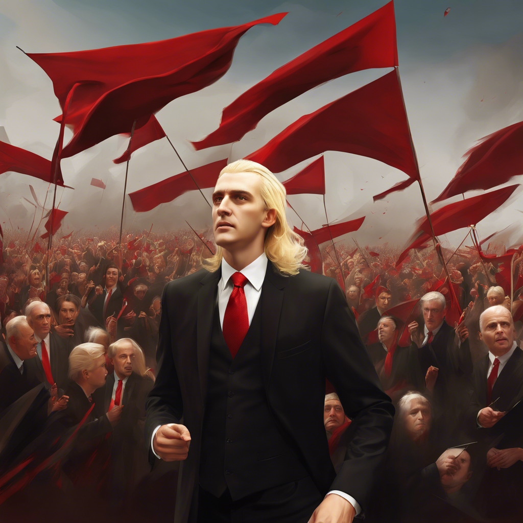 A charismatic figure with a distinctive blonde hairstyle, wearing a dark suit and red tie, confidently gesturing from a grand stage with patriotic banners and enthusiastic supporters painted by Leonardo Da Vinci--ar 3:4 --chaos 10 --ar 3:4 --style raw