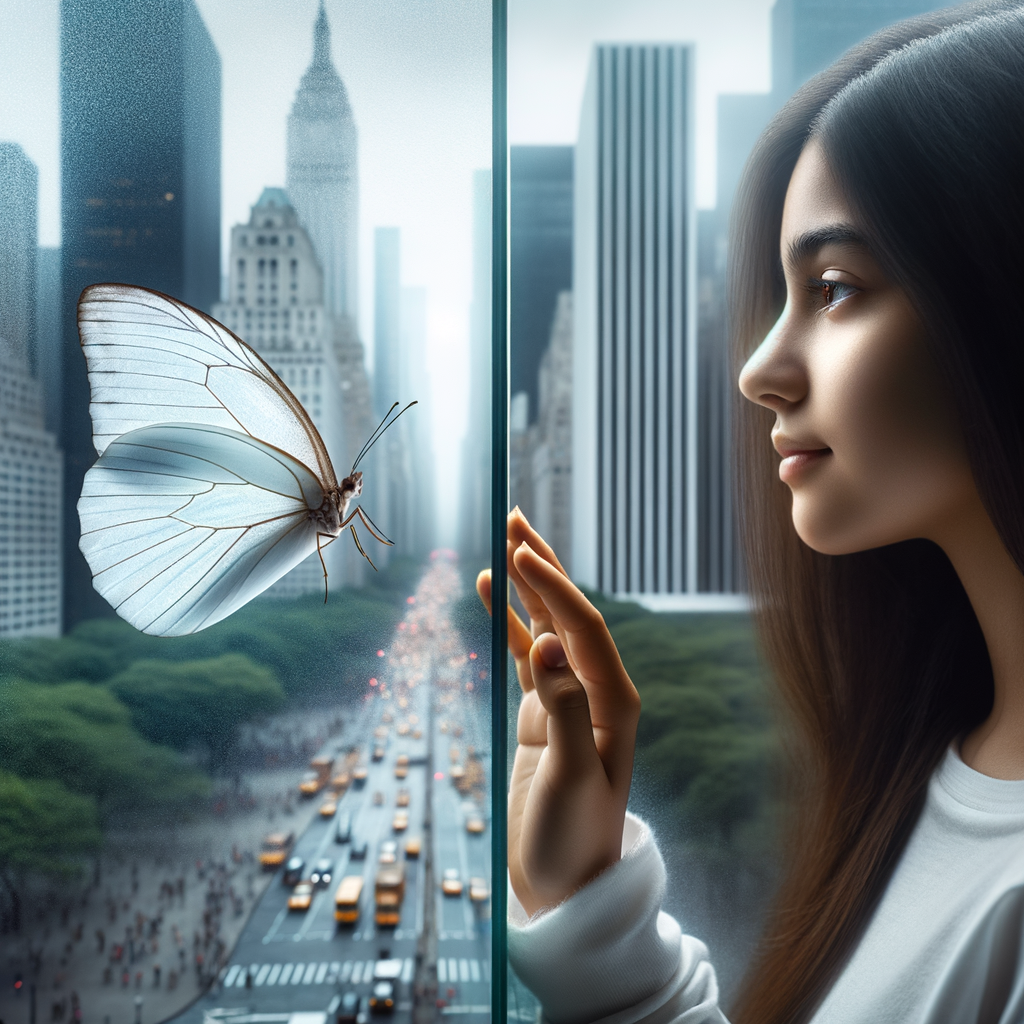A one white butterfly flying near a glass window. A city showing outside of the window . A young woman is beside the window and she lovingly looking at it. Her face is cover with her dark brown straight  hair