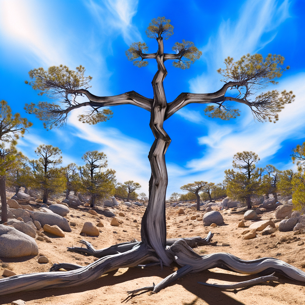 realistic desert landscape where trees and rocks naturally form the illusion of Jesus Christ on the cross. From afar, the branches and trunk resemble His outstretched arms, while the rocky base shapes the cross. The scene should feel like a hidden message in nature, not painted. Clear blue sky, cinematic lighting, hyper-realistic photography style.