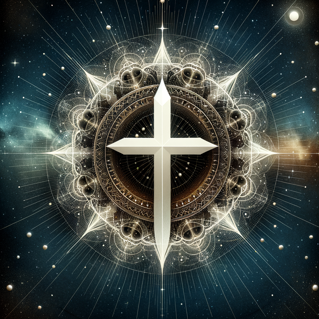 has una cruz blanca con puntas puntiagudas y fondo estrellado