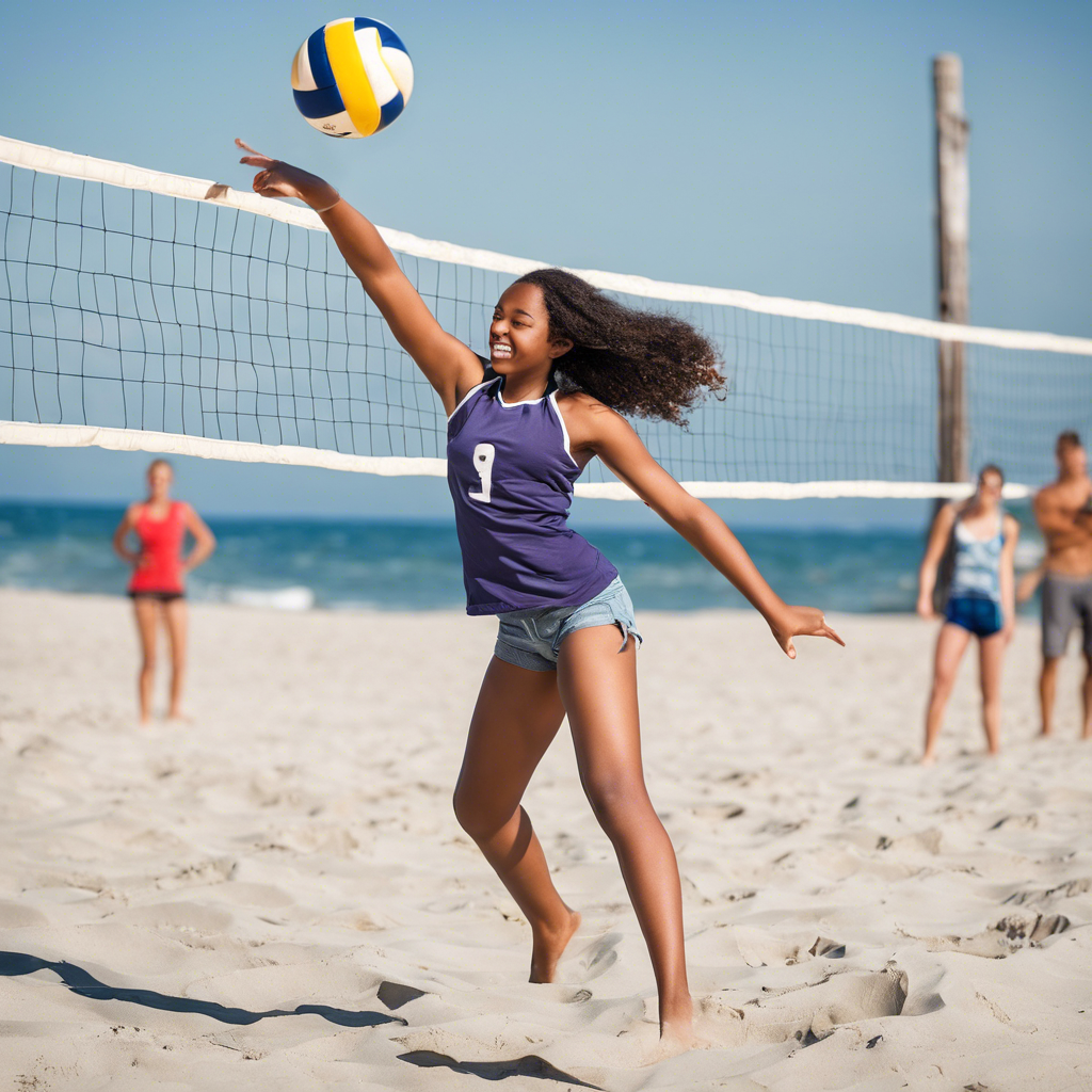 A photo of a teenage girl at the beach playing volleyball
