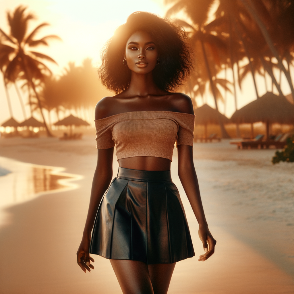 A beautiful black baddie fashion model wearing an off-the-shoulder top and short [leather] skirt is walking on the [beach]. The sun shines through the [palm trees] behind her, creating a warm golden light that illuminates her entire body. She has exquisite makeup and long legs. Her whole scene exudes confidence and elegance in the style of fashion photography. --ar 4:7 --quality 2 --style raw --personalize enh2qb7 --stylize 750