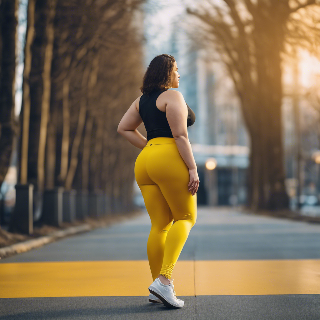 Curvy Woman in tight yellow leggings, facing away