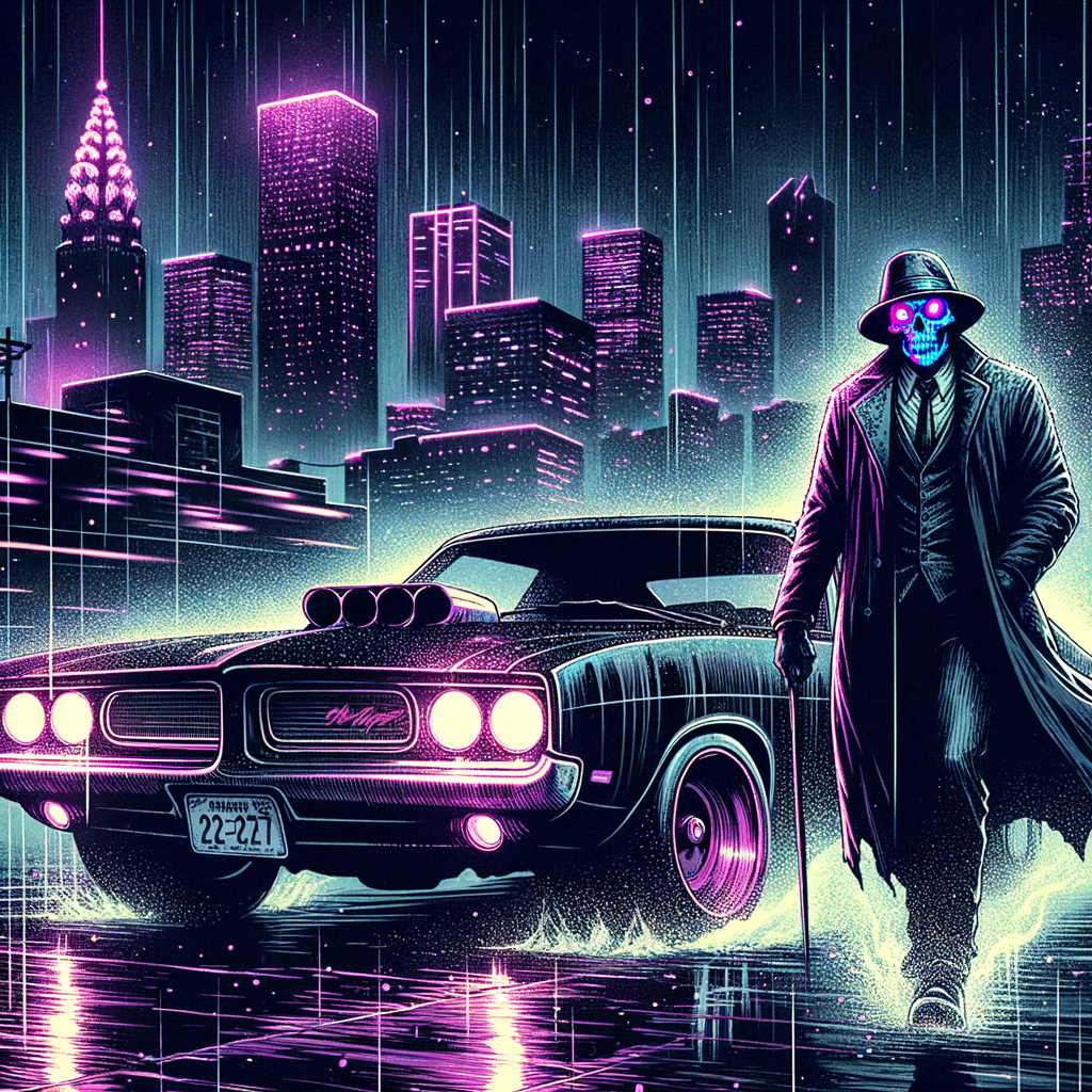 "A dark, gritty phonk music aesthetic — a moody urban night scene with purple neon lights, a vintage muscle car drifting on wet asphalt, smoke and motion blur, VHS grain effect, skull mask character standing next to the car, city skyline in the background, aesthetic of 90s Memphis rap mixed with modern trap, cinematic lighting, streetwear style, atmospheric vibe"